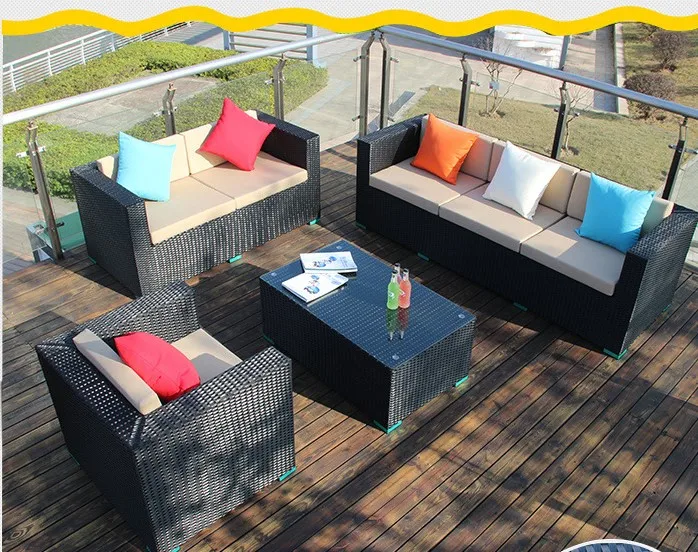 Patio Furniture Outdoor Wicker Rattan Dining Set Cushioned Seat Garden Sectional Conversation Sofa with Glass Top Coffee Table