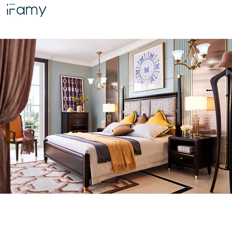 Walnut color latest bed design, 2m*1.8m size wooden bed models, beautiful pictures of wood double bed