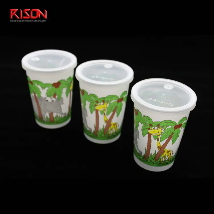 Customized printing 10 oz disposable clear PP plastic kids juice cup with lid straw leakage proof