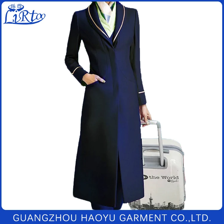 Stylish and elegant flight attendant coat oem air hostess uniform trench coat for ladies