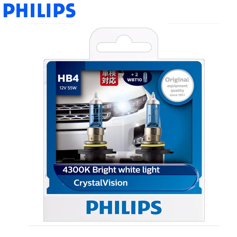 Philips 9006 HB4 12V 60W Crystal Vision 4300K Halogen Bright White Light Auto Lamps Stylish Look UV Resistant 9006CVSM, Pair