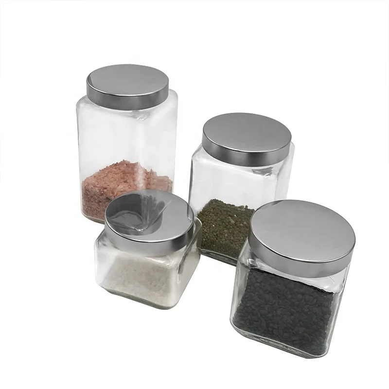square shape storage empty glass jar for food with metal screw