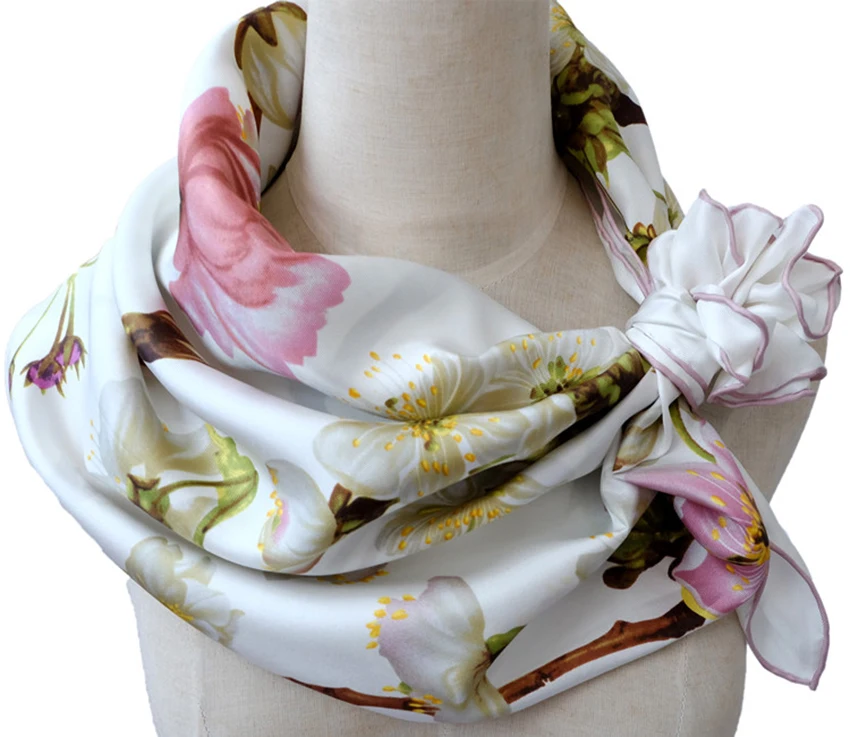 Elegant Made in China Habotai Scarves Peach Blossom Digital Printing Pattern Silk Scarf