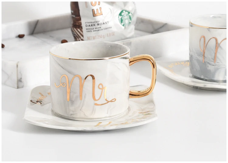 
Personalized gold rim ceramic marble coffee cup with saucer 