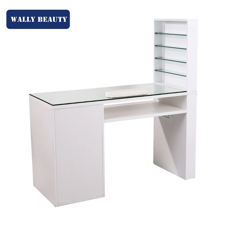 Wallybeauty wholesale white nail table glass top manicure table with display rack