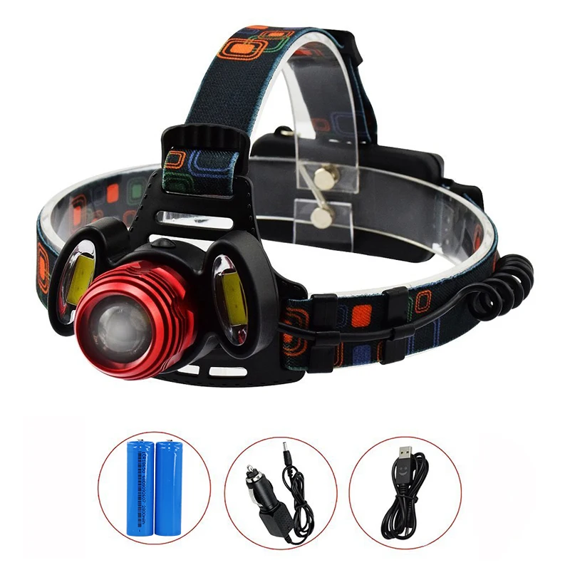 Высокомощный светодиодный налобный фонарь T6 + 2 * COB супер яркий водонепроницаемый IPX5 перезаряжаемая USB-Фара с масштабируемой головкой