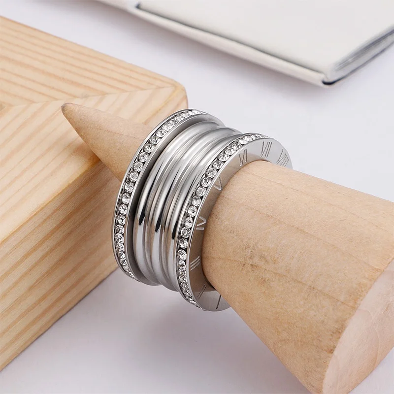 Roman Numerals Stainless Steel Promise Crystal Diamond Engagement Silver Rings For Ladies