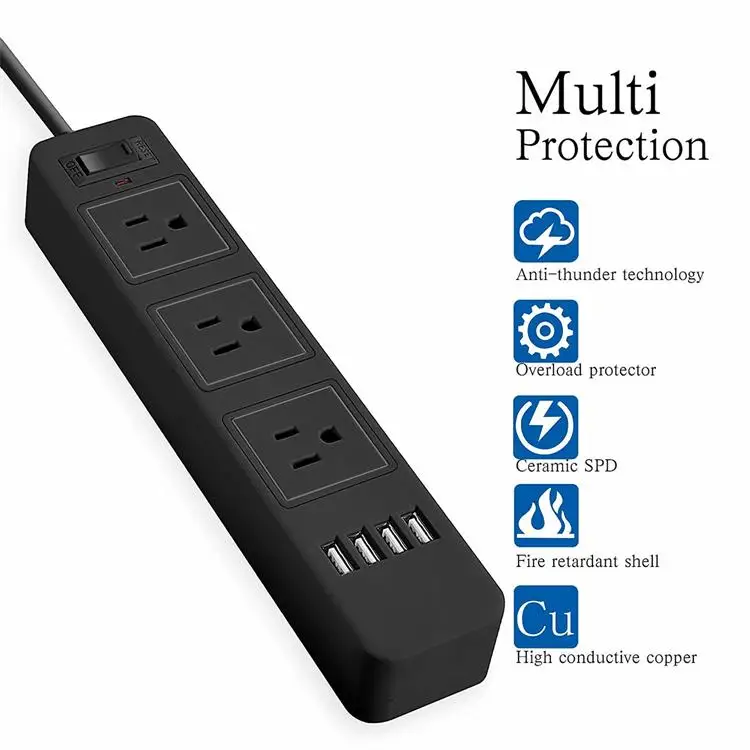 3 Ways US OUTLETS 4USB Ports US Plug Extension Socket Electric Power Strip