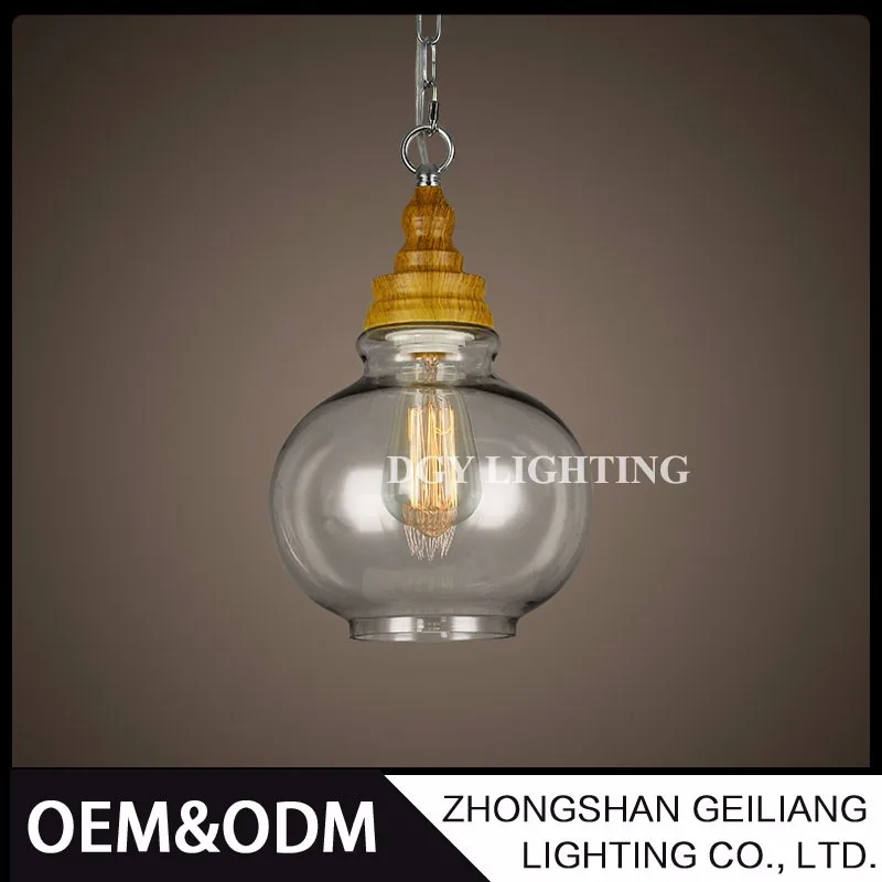 
factory wholesale living room wooden holder hanging light glass pendant lamp 
