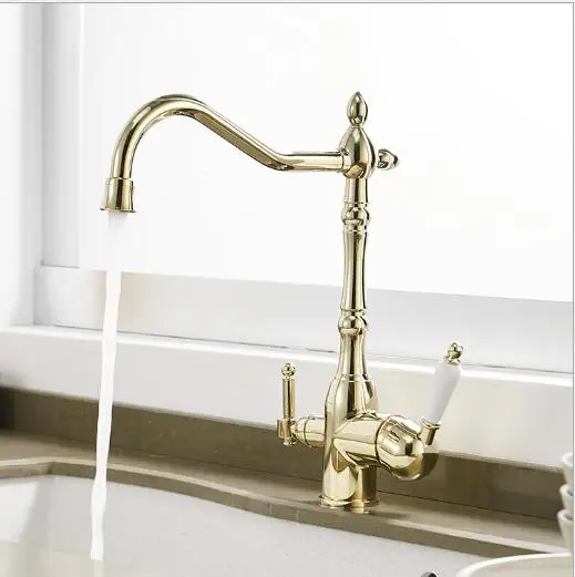 European Style Double Handle Brass Gold Kitchen Faucet