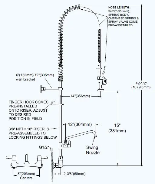 8' Wall Mounted Pre-rinse Unit with 12' Swivel Spout&Wall Bracket,Tapered Thread Riser