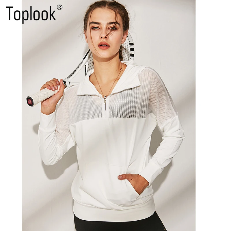 
Toplook, низкий минимальный заказ, женский топ для бега на открытом воздухе, сетчатая марлевая прошивка, с капюшоном, свободная куртка для фитнеса с длинным рукавом 