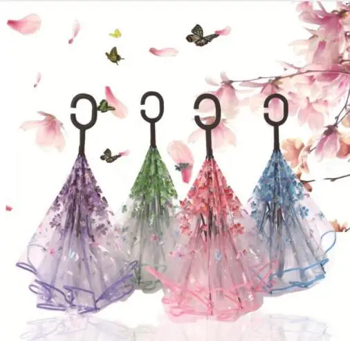 Z73  C Type Transparent  Umbrella Reverse Double-layer cherry Umbrella Creative hands-free Folding Umbrella