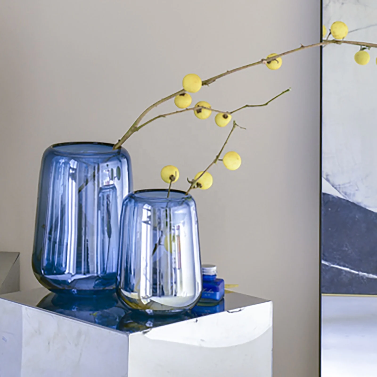 Bixuan Vases Optic Blue Color with Pearly-lustre Decor Flower Arrangement Glass Vase Contemporary Wedding Table Centerpieces