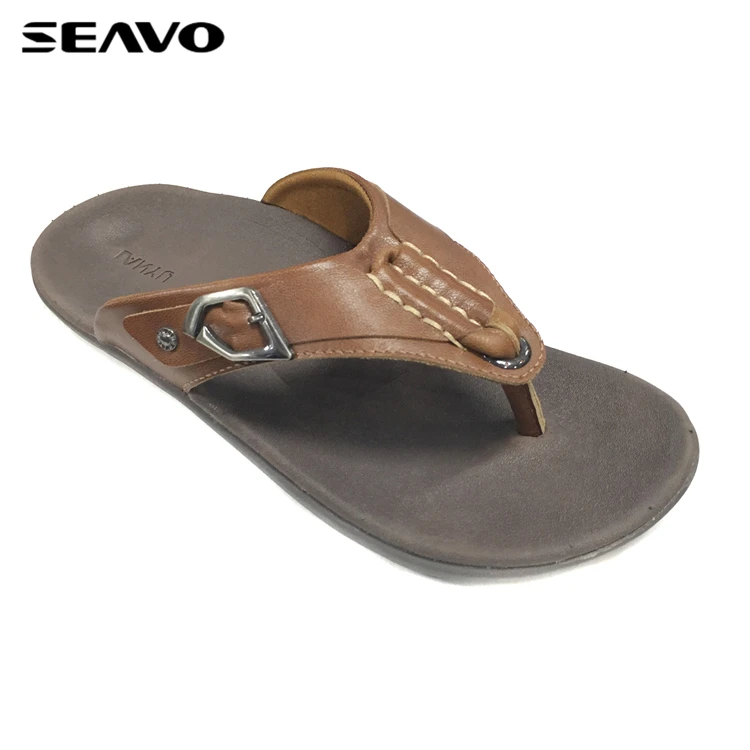 SEAVO fashion casual brown soft pu upper design anti-slip rubber sole men slippers