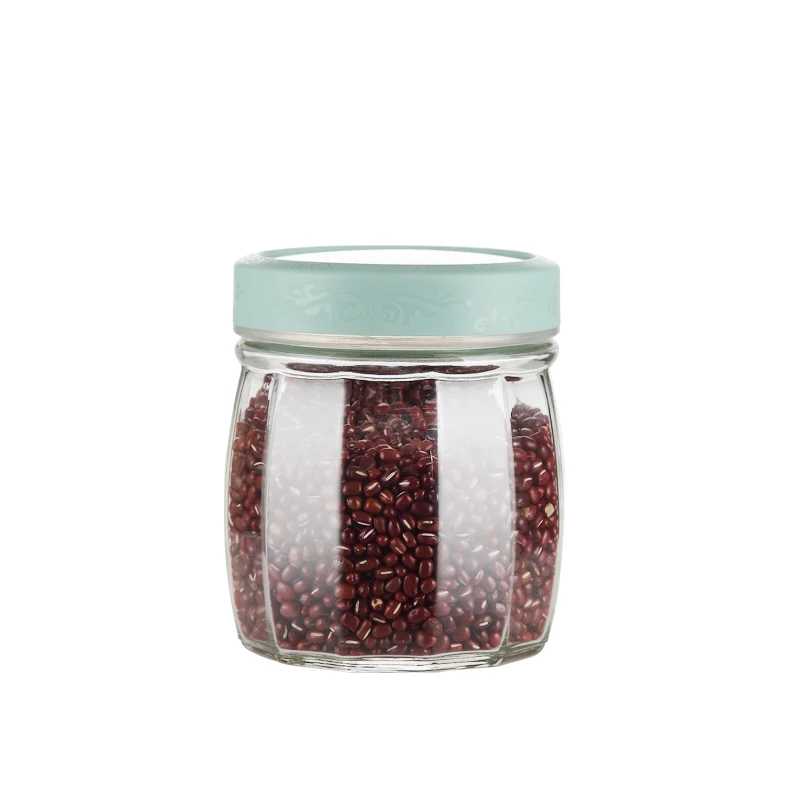 Kitchen pantry airtight 720 ml hexagon pickle cereal nut candy food container canister glass storage jar with plastic screw lid