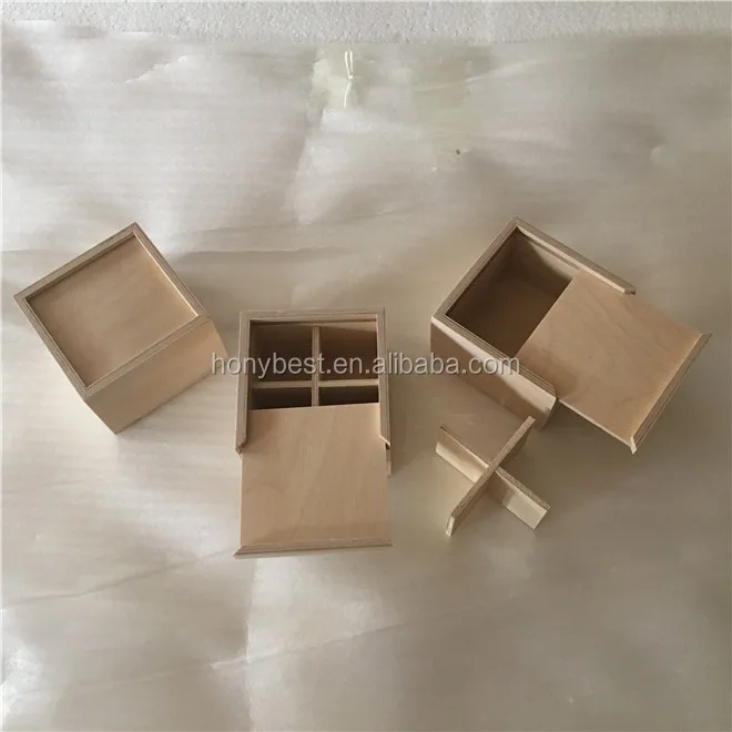 Wholesale 4 Compartments Square Wooden Box Birch Plywood Gift Boxes with Removable Divider and Push-pull Lid for Package Storage