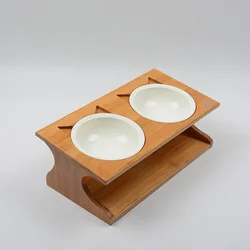 High Quality Bamboo Incline Cat Bowls With Two Ceramic Bowl Raised Cat Food Bowl