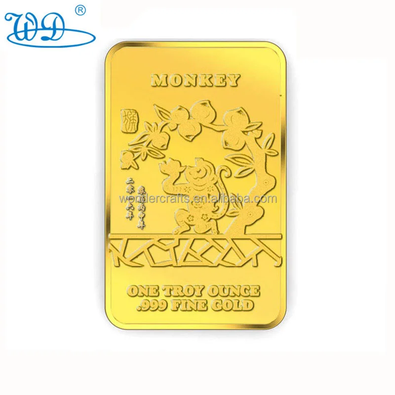 WD Free design new year monkey collection metal OEM ODM gold metal ingot bars custom 1 oz Gilding Metal Ingot Bar