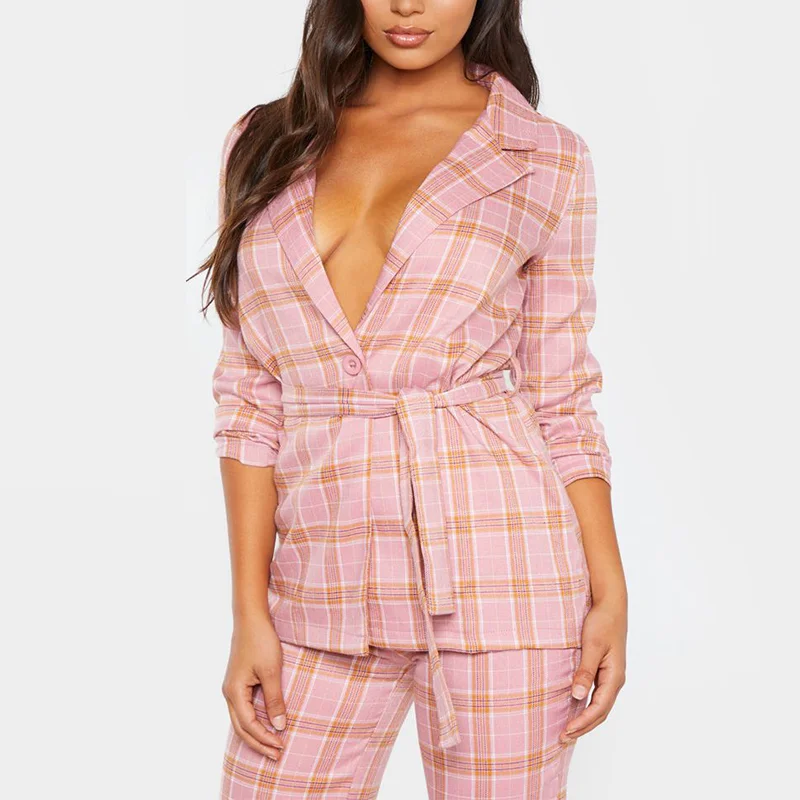 Spring Fall Plaid  Two Piece Set Long Sleeve Waist Tie  Blazer Ladies Flare Checked Pants Office  Woman