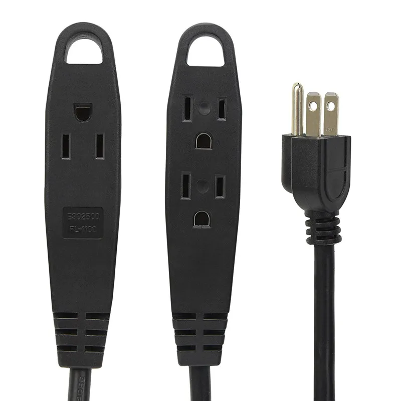 15 Feet Extension Cord/Wire, 3 Prong Grounded, 3 outlets,heavy duty Black