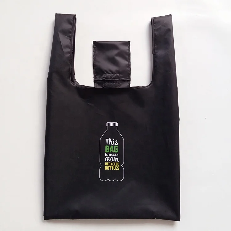 Eco Friendly Black Color Custom Logo Printed Reusable Foldable Tote RPET Nylon Polyester Bag For Promotion
