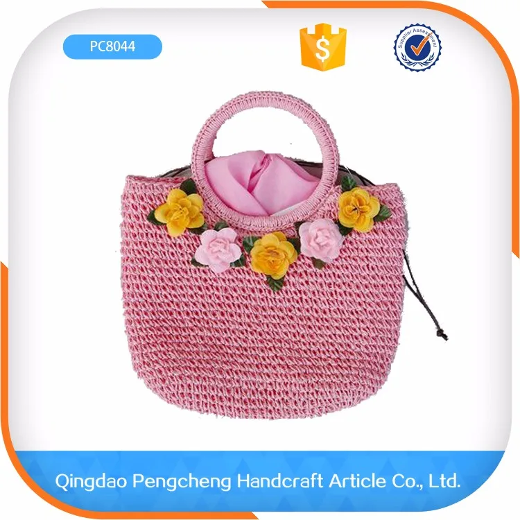 Green color handbag fabric bag paper straw kids handbag crochet beach bag