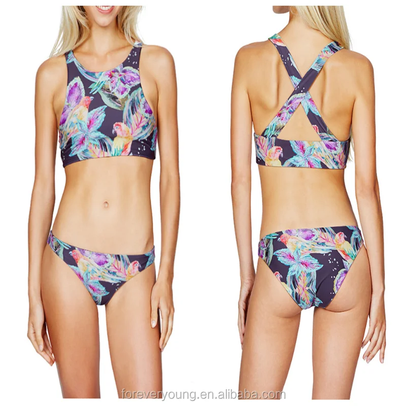 hot korea nude girl swimwear sex open high neck crop bikini model with racer back