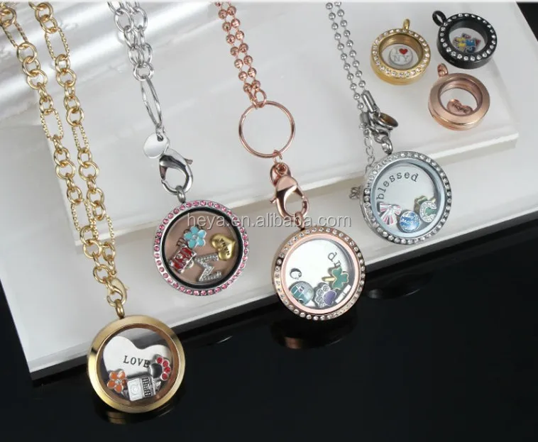 
round stainless steel wholesale floating locket with CZ stone 