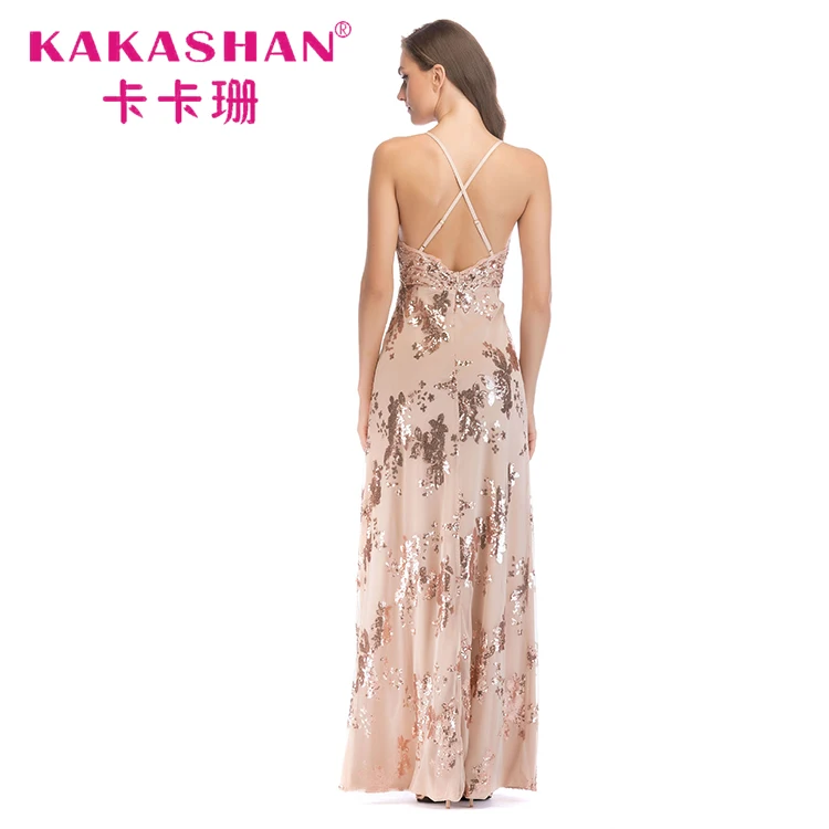 Modern women bulk sequin beaded sexy split maxi long dinner evening gown dress