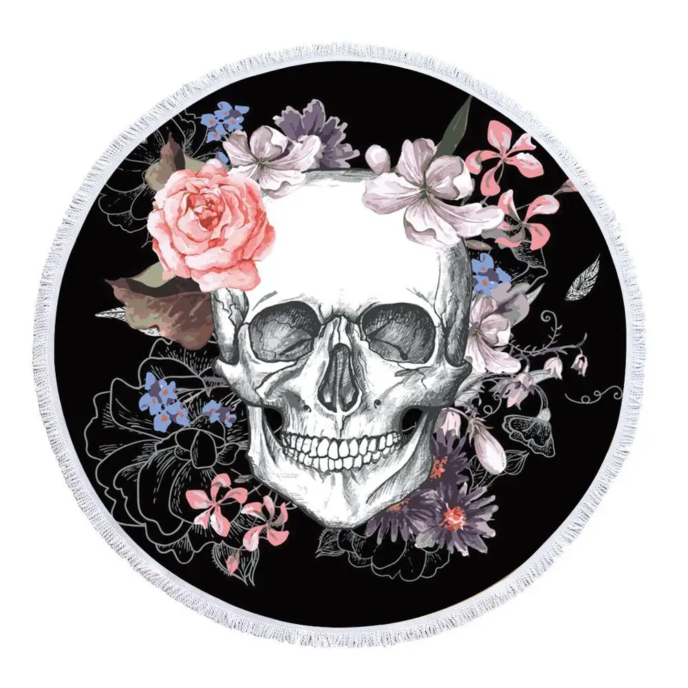 Skull Round Beach Towel Circle Blanket Skeleton Flower Microfiber Round Beach Blanket Custom Print Toalla Redonda