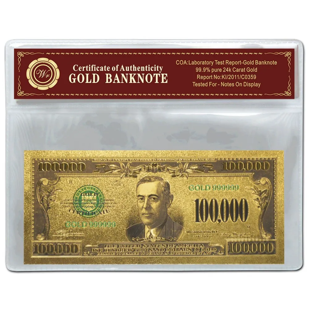 Wr Quality Gold Banknote Colorful American 100 Thousand Dollar Money Bill with Sleeve for Worth Collection