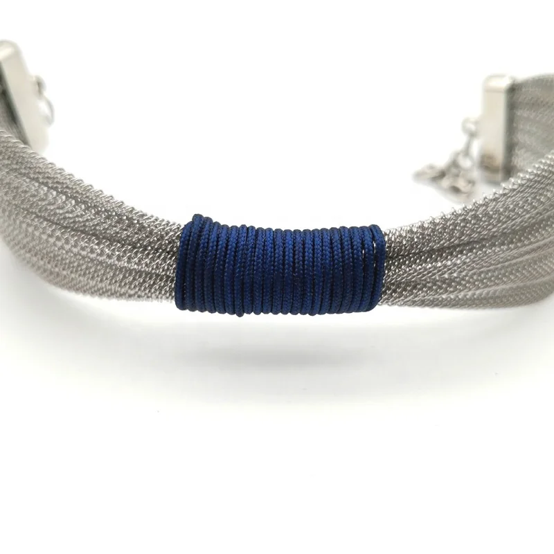HOT Blue Code Wide Braided Mesh  Women Fashion Bangle Bracelet With Lobster Clasp  Stainless Steel