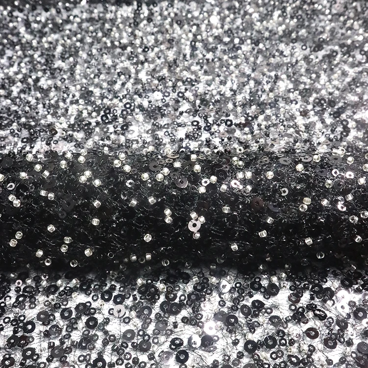 X100 Luxury Black Beaded Sequin Latest Heavy Beaded Embroidery Lace Fabric For Wedding Gown