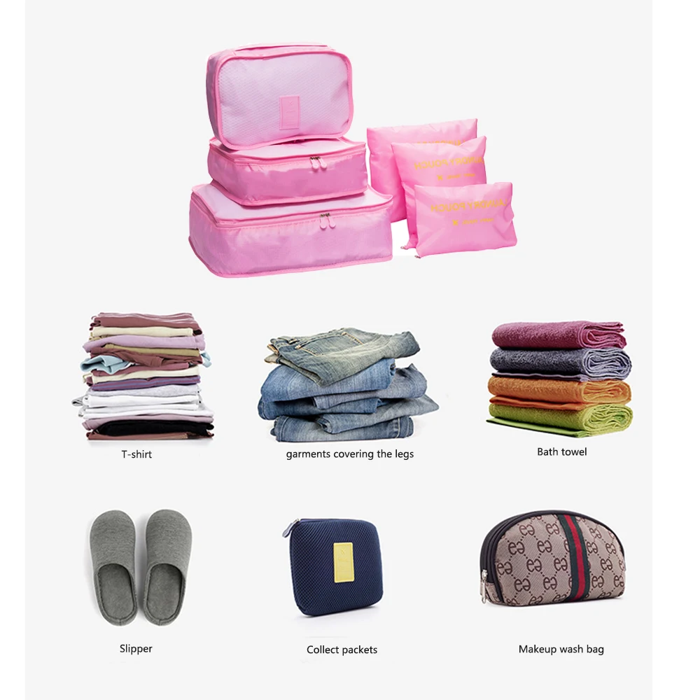 
clothes storage bag travel packing cubes organizer 6 pcs/set pink packing cube 