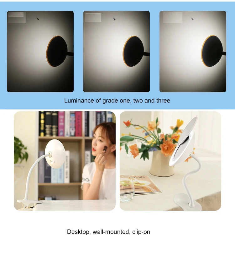 Dimmable Flexible Neck Plastic Makeup Mirror Clip On Dressing Table, Computer Tables And Headboard