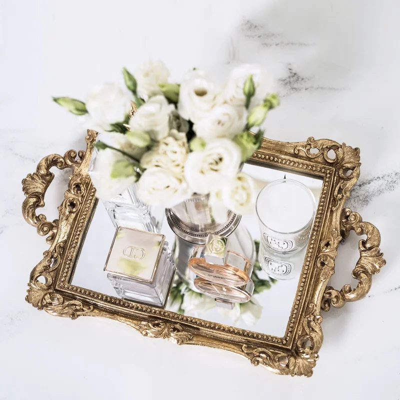 
European Style gold Decoration Custom Hotel Home Decor Antique serving Mirror Square Jewelry Resin Fruit Tray For Wedding luxury 