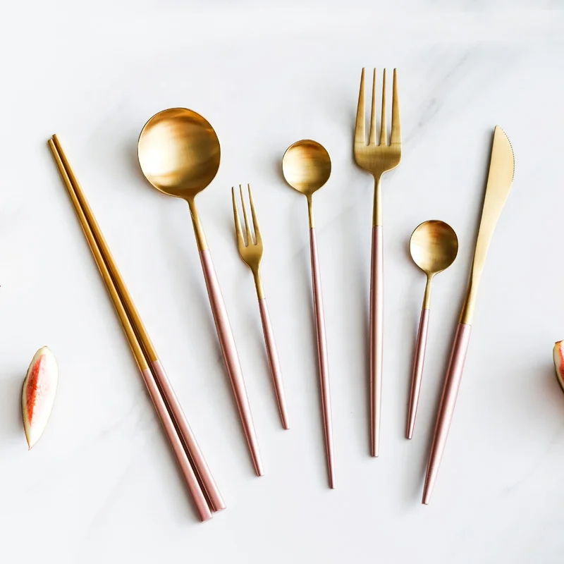Jinci Pink Handle  Golden Flatware Sets Wedding Flatware Knife Fork Spoon