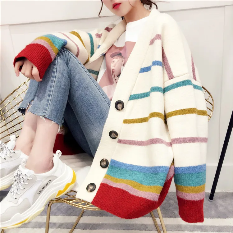 spring autumn casual v-neck front open buttons up rainbow stripe ladies cardigan sweater winter women knitted loose coat
