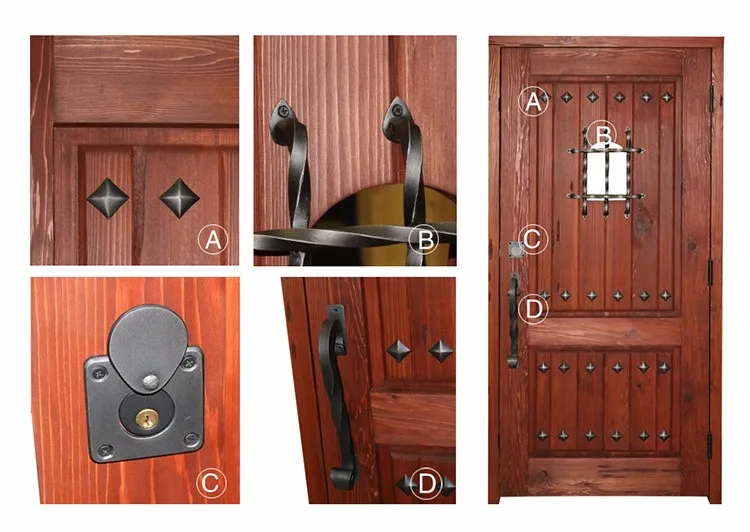 Traditional old castle wood door with wrought iron grill and clavos