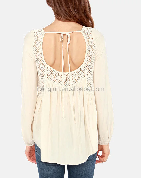 Square neck embroidered lace long puff sleeve flowing top