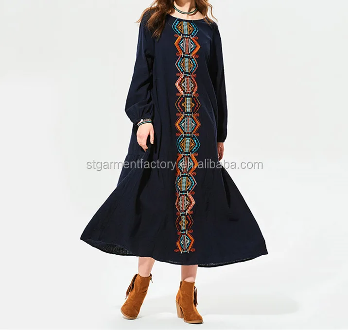 Fashion Maxi Robe Dress Navy Long Sleeve Embroidery Straight Dresses Boho Style Plus Size Clothes STb-0664