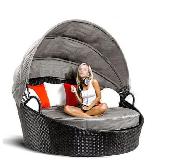 Luxury Model Beach Bed Rattan Sun Lounger Outdoor Round Sunbed With Canopy