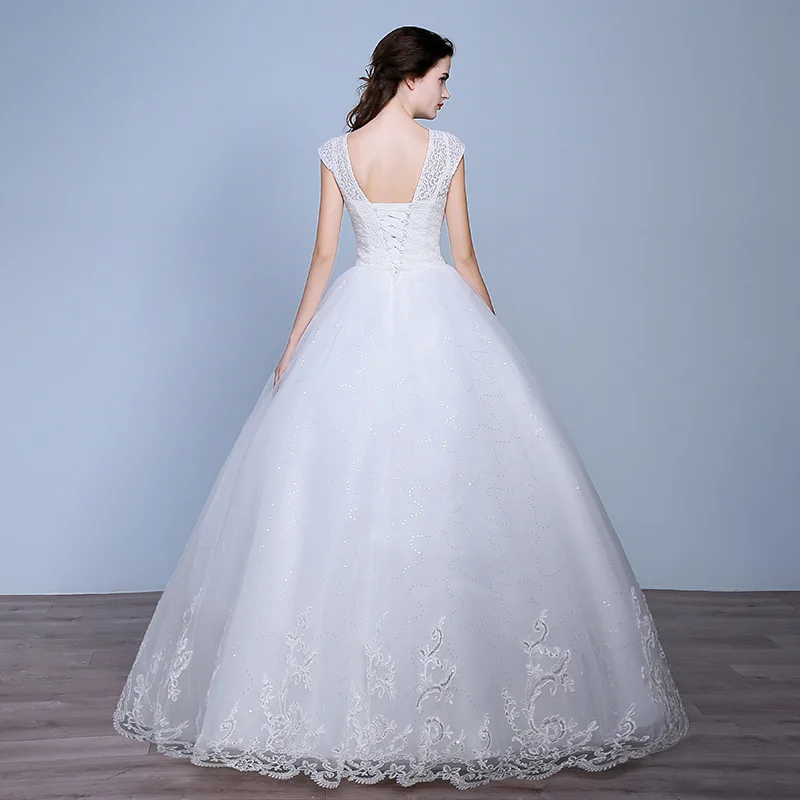 2018 Princess Elegant Cap Sleeve White Lace up Back Floor Length Wedding Gowns