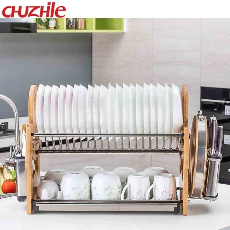 Simple 2 tier collapsible bamboo dish drying rack for kitchen drainer dish l3 Chuzhile