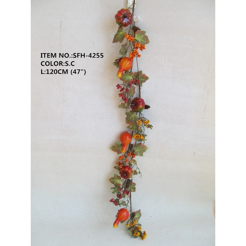 120CM Artificial Pumpkin Orange and Green Maple Leaves and Berry Fall Archway Wreath Garland