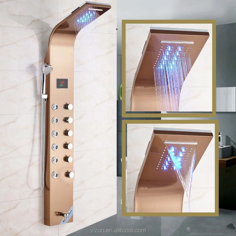 LED Shower Panel Column Rose Golden Waterfall Rain Shower Head Massage Tub Spout Hand Spray