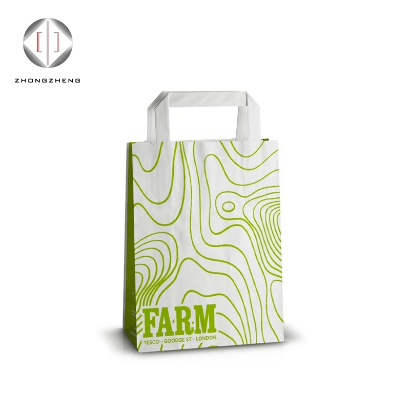 Custom Recycled Restaurant Food Delivery Fast Food Take Out Kraft Paper Bag With Flat Handle