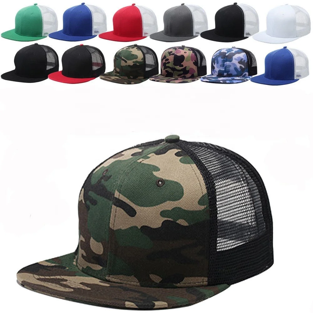 Custom Logo Flat Brim Hats Trucker Mesh Snapback Camo Caps