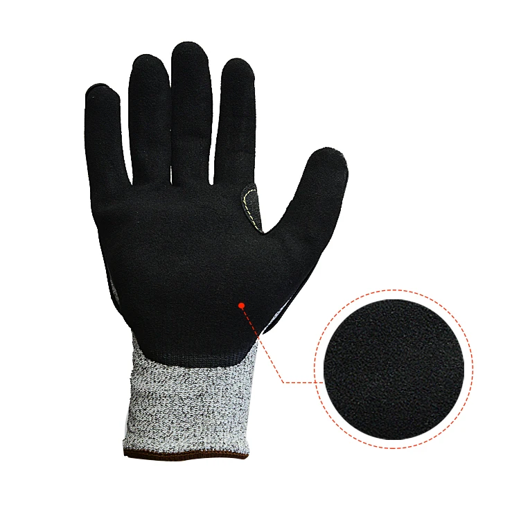 N-D138 13 HPPE Knitted Cut Resistant Gloves Level 5 Mechanic Gloves for Work  with Sandy Nitrile Coated